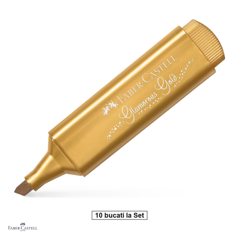 Instrumente de scris - Set 10 textmarkere Faber-Castell Textliner 46 Metallic, varf tesit 1, 2 si 5 mm, cerneala pe baza de apa, efect metalizat, auriu
