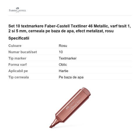 Set 10 textmarkere Faber-Castell Textliner 46 Metallic, varf tesit 1, 2 si 5 mm, cerneala pe baza de apa, efect metalizat, rosu [2]