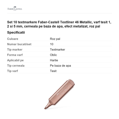 Set 10 textmarkere Faber-Castell Textliner 46 Metallic, varf tesit 1, 2 si 5 mm, cerneala pe baza de apa, efect metalizat, roz pal [2]