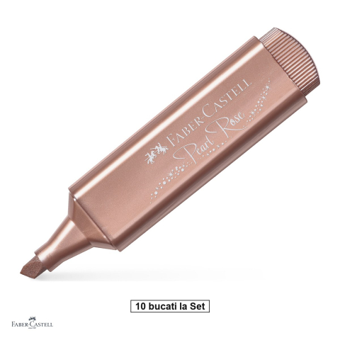 Instrumente de scris - Set 10 textmarkere Faber-Castell Textliner 46 Metallic, varf tesit 1, 2 si 5 mm, cerneala pe baza de apa, efect metalizat, roz pal
