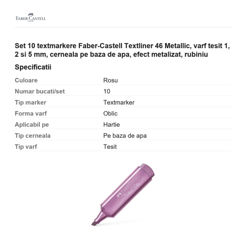 Set 10 textmarkere Faber-Castell Textliner 46 Metallic, varf tesit 1, 2 si 5 mm, cerneala pe baza de apa, efect metalizat, rubiniu [2]