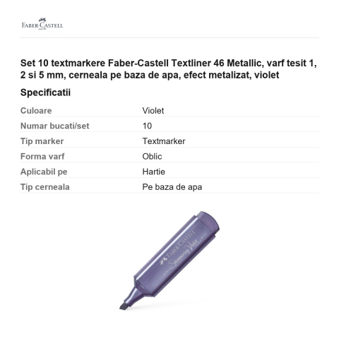 Set 10 textmarkere Faber-Castell Textliner 46 Metallic, varf tesit 1, 2 si 5 mm, cerneala pe baza de apa, efect metalizat, violet [2]