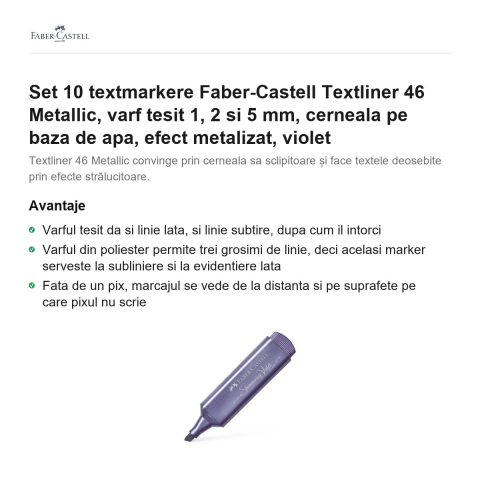 Set 10 textmarkere Faber-Castell Textliner 46 Metallic, varf tesit 1, 2 si 5 mm, cerneala pe baza de apa, efect metalizat, violet [1]