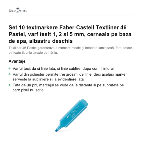 Set 10 textmarkere Faber-Castell Textliner 46 Pastel, varf tesit 1, 2 si 5 mm, cerneala pe baza de apa, albastru deschis [1]