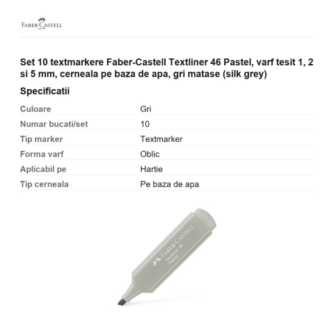 Set 10 textmarkere Faber-Castell Textliner 46 Pastel, varf tesit 1, 2 si 5 mm, cerneala pe baza de apa, gri matase (silk grey) [2]