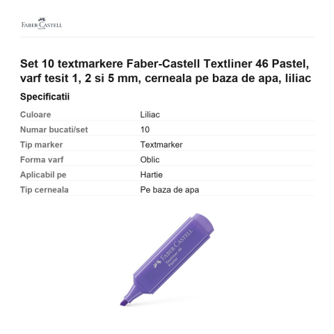Set 10 textmarkere Faber-Castell Textliner 46 Pastel, varf tesit 1, 2 si 5 mm, cerneala pe baza de apa, liliac [2]