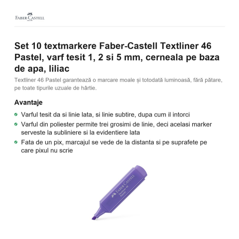 Set 10 textmarkere Faber-Castell Textliner 46 Pastel, varf tesit 1, 2 si 5 mm, cerneala pe baza de apa, liliac [1]