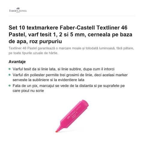 Set 10 textmarkere Faber-Castell Textliner 46 Pastel, varf tesit 1, 2 si 5 mm, cerneala pe baza de apa, roz purpuriu [1]