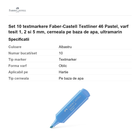 Set 10 textmarkere Faber-Castell Textliner 46 Pastel, varf tesit 1, 2 si 5 mm, cerneala pe baza de apa, ultramarin [2]