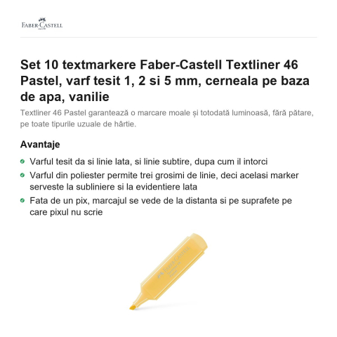 Set 10 textmarkere Faber-Castell Textliner 46 Pastel, varf tesit 1, 2 si 5 mm, cerneala pe baza de apa, vanilie [1]