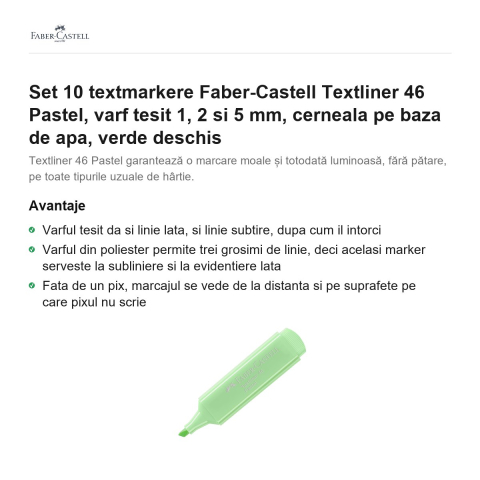 Set 10 textmarkere Faber-Castell Textliner 46 Pastel, varf tesit 1, 2 si 5 mm, cerneala pe baza de apa, verde deschis [1]