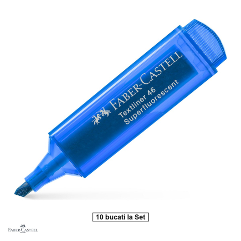 Instrumente de scris - Set 10 textmarkere Faber-Castell Textliner 46, varf tesit 1, 2 si 5 mm, cerneala pe baza de apa, superfluorescent, albastru