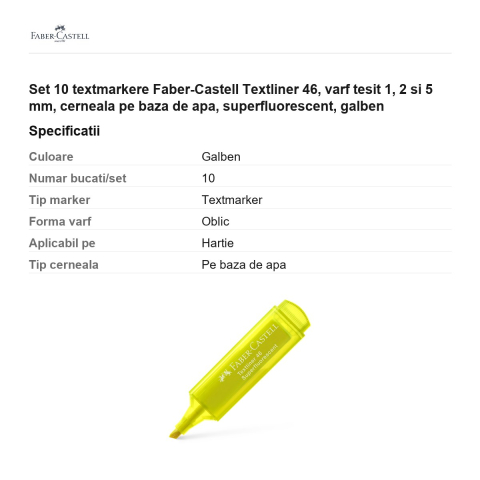 Set 10 textmarkere Faber-Castell Textliner 46, varf tesit 1, 2 si 5 mm, cerneala pe baza de apa, superfluorescent, galben [2]