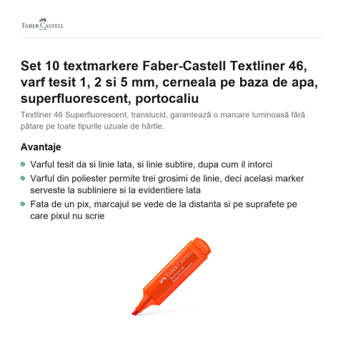 Set 10 textmarkere Faber-Castell Textliner 46, varf tesit 1, 2 si 5 mm, cerneala pe baza de apa, superfluorescent, portocaliu [1]
