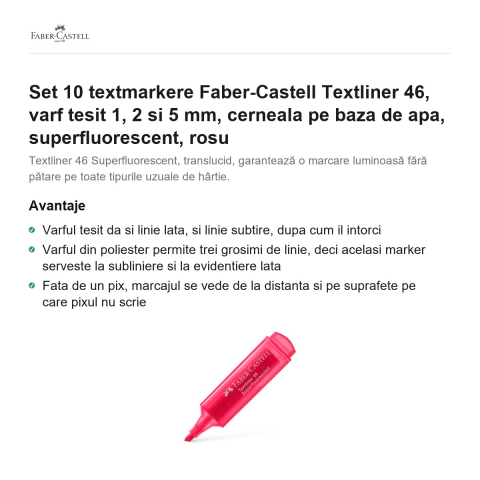 Set 10 textmarkere Faber-Castell Textliner 46, varf tesit 1, 2 si 5 mm, cerneala pe baza de apa, superfluorescent, rosu [1]