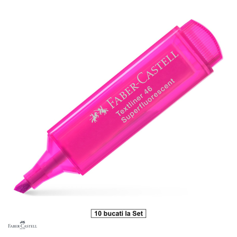 Instrumente de scris - Set 10 textmarkere Faber-Castell Textliner 46, varf tesit 1, 2 si 5 mm, cerneala pe baza de apa, superfluorescent, roz