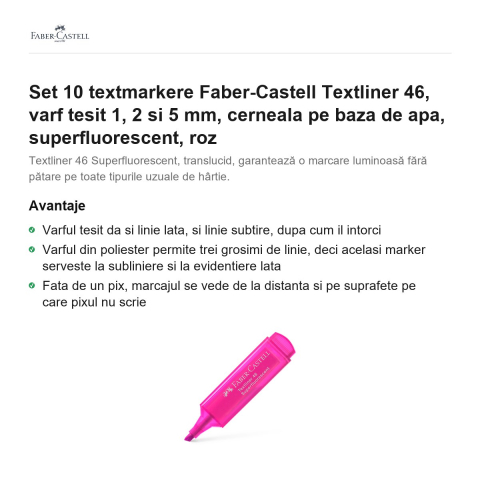 Set 10 textmarkere Faber-Castell Textliner 46, varf tesit 1, 2 si 5 mm, cerneala pe baza de apa, superfluorescent, roz [1]