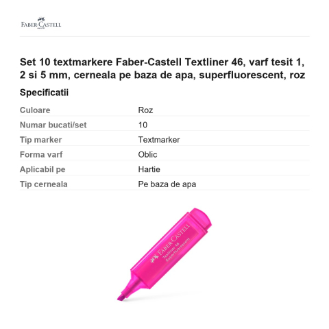 Set 10 textmarkere Faber-Castell Textliner 46, varf tesit 1, 2 si 5 mm, cerneala pe baza de apa, superfluorescent, roz [2]