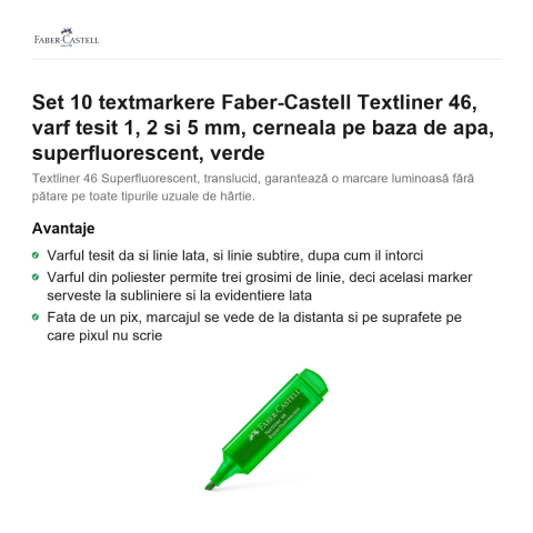 Set 10 textmarkere Faber-Castell Textliner 46, varf tesit 1, 2 si 5 mm, cerneala pe baza de apa, superfluorescent, verde [1]