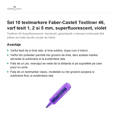 Set 10 textmarkere Faber-Castell Textliner 46, varf tesit 1, 2 si 5 mm, superfluorescent, violet [1]