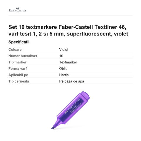 Set 10 textmarkere Faber-Castell Textliner 46, varf tesit 1, 2 si 5 mm, superfluorescent, violet [2]