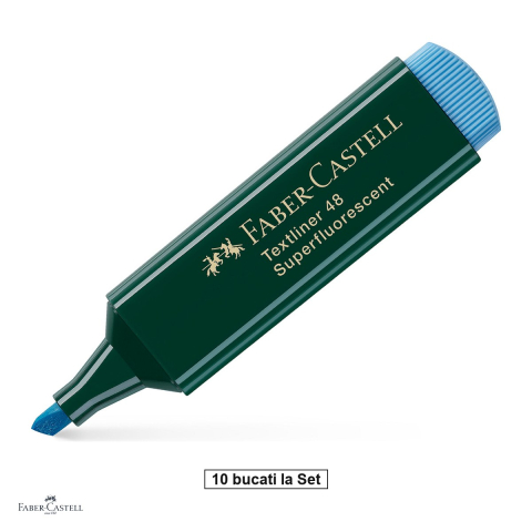 Instrumente de scris - Set 10 textmarkere Faber-Castell Textliner 48, varf tesit 1, 2 si 5 mm, cerneala pe baza de apa, albastru superfluorescent