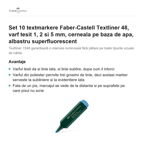 Set 10 textmarkere Faber-Castell Textliner 48, varf tesit 1, 2 si 5 mm, cerneala pe baza de apa, albastru superfluorescent [1]