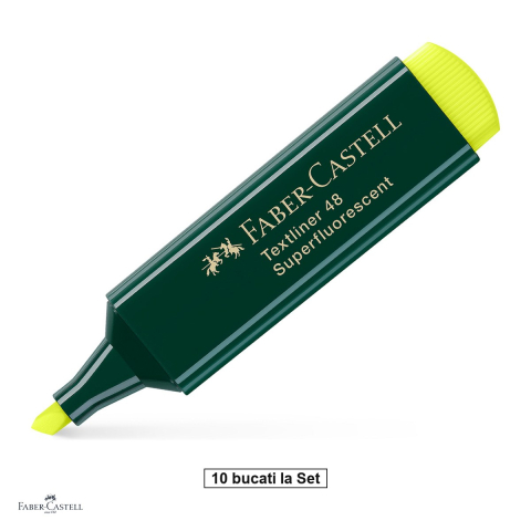 Instrumente de scris - Set 10 textmarkere Faber-Castell Textliner 48, varf tesit 1, 2 si 5 mm, cerneala pe baza de apa, galben superfluorescent