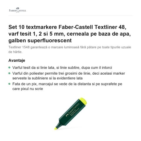 Set 10 textmarkere Faber-Castell Textliner 48, varf tesit 1, 2 si 5 mm, cerneala pe baza de apa, galben superfluorescent [1]
