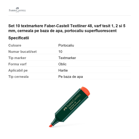 Set 10 textmarkere Faber-Castell Textliner 48, varf tesit 1, 2 si 5 mm, cerneala pe baza de apa, portocaliu superfluorescent [2]