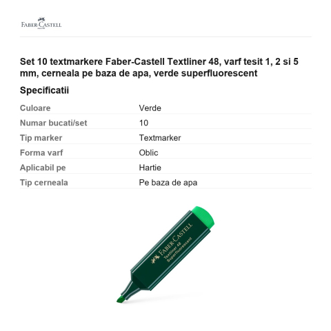 Set 10 textmarkere Faber-Castell Textliner 48, varf tesit 1, 2 si 5 mm, cerneala pe baza de apa, verde superfluorescent [2]
