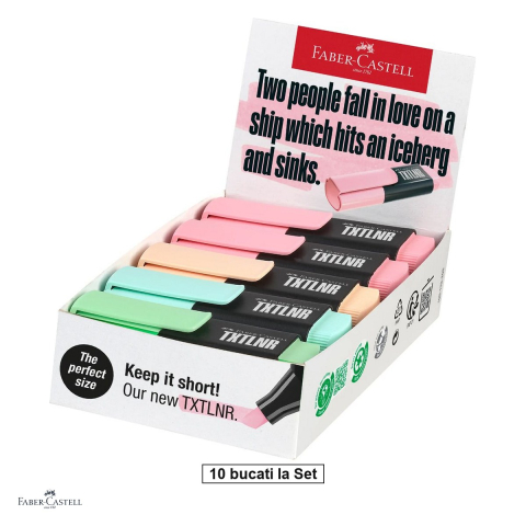 Instrumente de scris - Set 10 textmarkere Faber-Castell TXTLNR, varf tesit 1, 2 si 5 mm, cerneala pe baza de apa, format mini, culori asortate