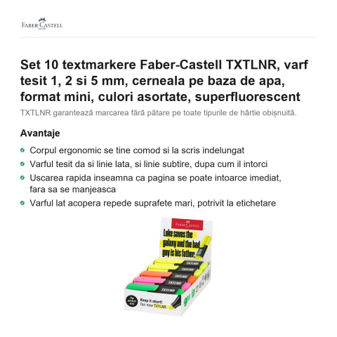 Set 10 textmarkere Faber-Castell TXTLNR, varf tesit 1, 2 si 5 mm, cerneala pe baza de apa, format mini, culori asortate, superfluorescent [1]