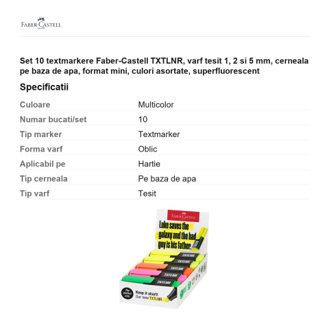 Set 10 textmarkere Faber-Castell TXTLNR, varf tesit 1, 2 si 5 mm, cerneala pe baza de apa, format mini, culori asortate, superfluorescent [2]