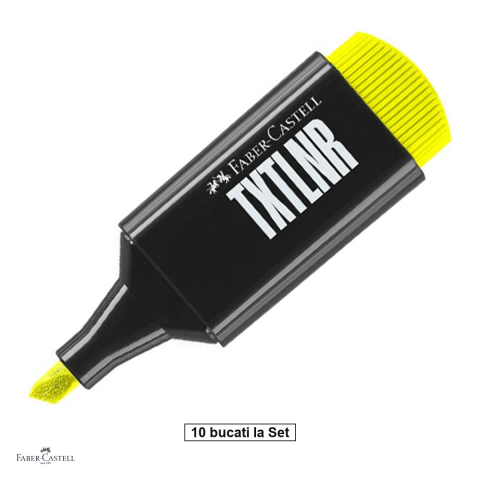Instrumente de scris - Set 10 textmarkere Faber-Castell TXTLNR, varf tesit 1, 2 si 5 mm, cerneala pe baza de apa, format mini, superfluorescent, galben