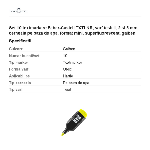 Set 10 textmarkere Faber-Castell TXTLNR, varf tesit 1, 2 si 5 mm, cerneala pe baza de apa, format mini, superfluorescent, galben [2]