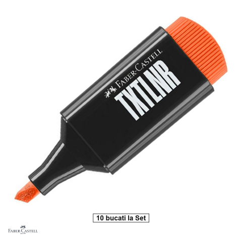 Instrumente de scris - Set 10 textmarkere Faber-Castell TXTLNR, varf tesit 1, 2 si 5 mm, cerneala pe baza de apa, format mini, superfluorescent, portocaliu