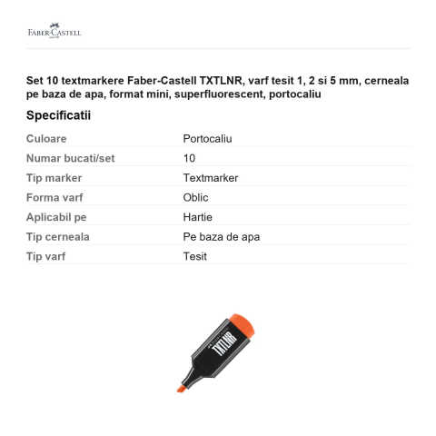 Set 10 textmarkere Faber-Castell TXTLNR, varf tesit 1, 2 si 5 mm, cerneala pe baza de apa, format mini, superfluorescent, portocaliu [2]
