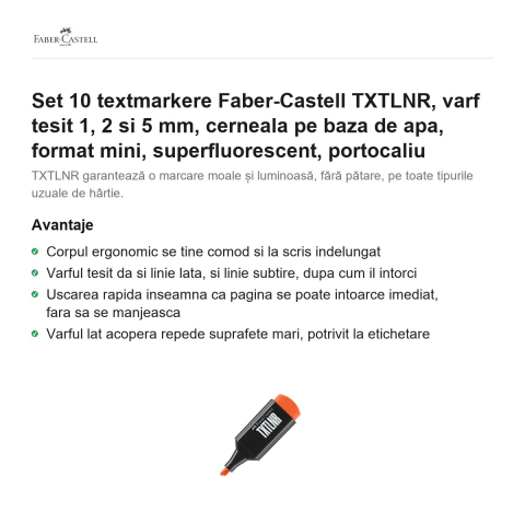 Set 10 textmarkere Faber-Castell TXTLNR, varf tesit 1, 2 si 5 mm, cerneala pe baza de apa, format mini, superfluorescent, portocaliu [1]