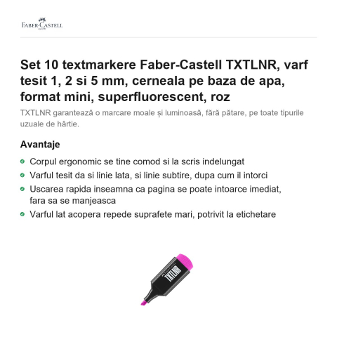 Set 10 textmarkere Faber-Castell TXTLNR, varf tesit 1, 2 si 5 mm, cerneala pe baza de apa, format mini, superfluorescent, roz [1]