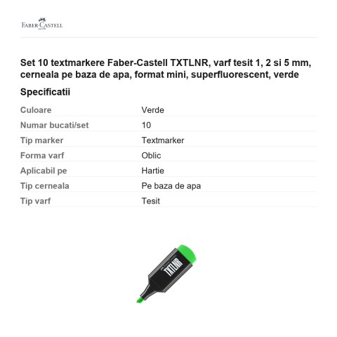 Set 10 textmarkere Faber-Castell TXTLNR, varf tesit 1, 2 si 5 mm, cerneala pe baza de apa, format mini, superfluorescent, verde [2]