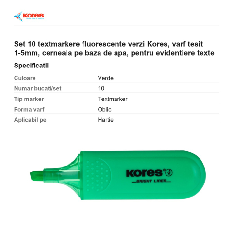 Set 10 textmarkere fluorescente verzi Kores, varf tesit 1-5mm, cerneala pe baza de apa, pentru evidentiere texte [2]