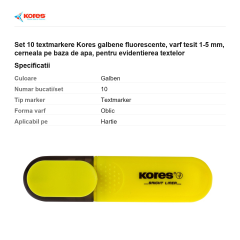 Set 10 textmarkere Kores galbene fluorescente, varf tesit 1-5 mm, cerneala pe baza de apa, pentru evidentierea textelor [2]