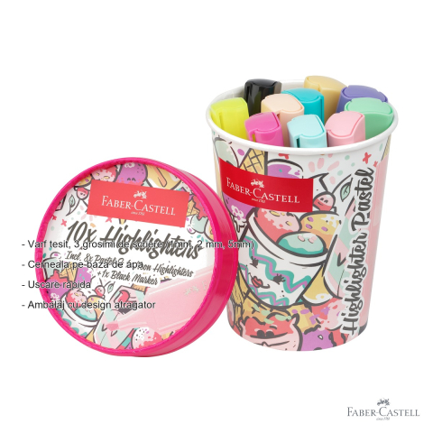 Set 10 textmarkere pastel editie speciala Faber-Castell, cutie inghetata, varf tesit, cerneala pe baza de apa [1]