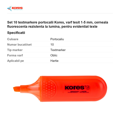 Set 10 textmarkere portocalii Kores, varf tesit 1-5 mm, cerneala fluorescenta rezistenta la lumina, pentru evidentiat texte [2]