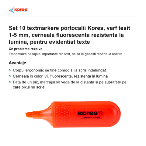 Set 10 textmarkere portocalii Kores, varf tesit 1-5 mm, cerneala fluorescenta rezistenta la lumina, pentru evidentiat texte [1]