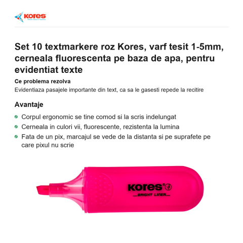 Set 10 textmarkere roz Kores, varf tesit 1-5mm, cerneala fluorescenta pe baza de apa, pentru evidentiat texte [1]