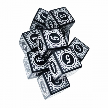 Jocuri de masa - Set 10 zaruri cu cifre arabe si design, DICE02-BK, latura 15 mm, negru cu alb