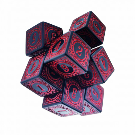 Jocuri de masa - Set 10 zaruri cu cifre arabe si design, DICE02-R, latura 15 mm, negru cu rosu