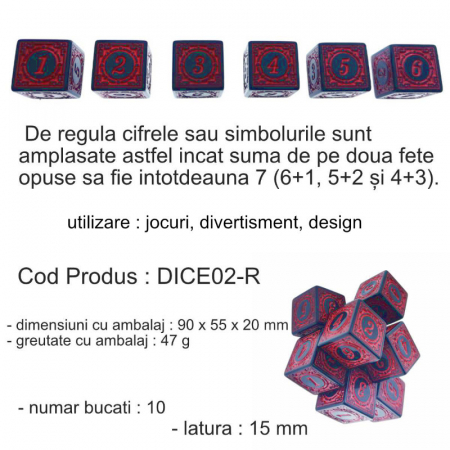 Set 10 zaruri cu cifre arabe si design, DICE02-R, latura 15 mm, negru cu rosu [4]